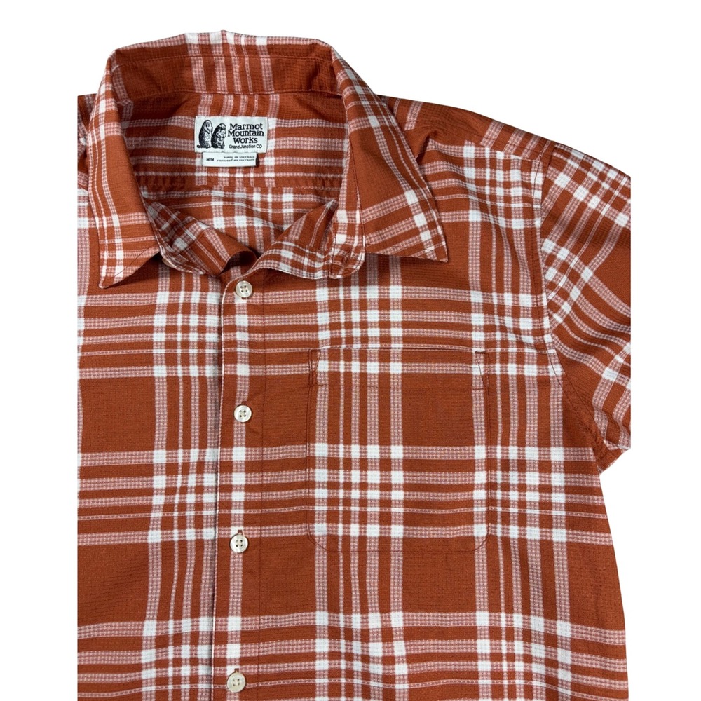 Marmot Mountain Works Mens Medium Plaid Short Sleeve Button Down Shirt Orange